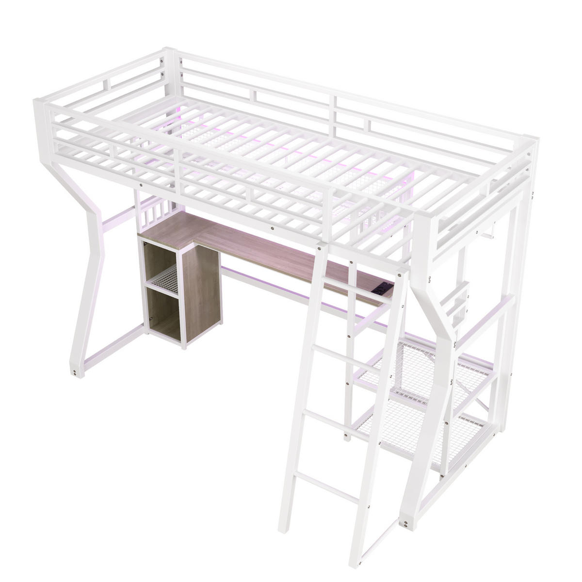 HOCHBETT 90/200 cm mit Lichtleiste, Steckdose, Schreibtisch und Kleiderbereich, MDF & Metall, Weiß - Weiß, Holzwerkstoff (90/200cm) - Redom