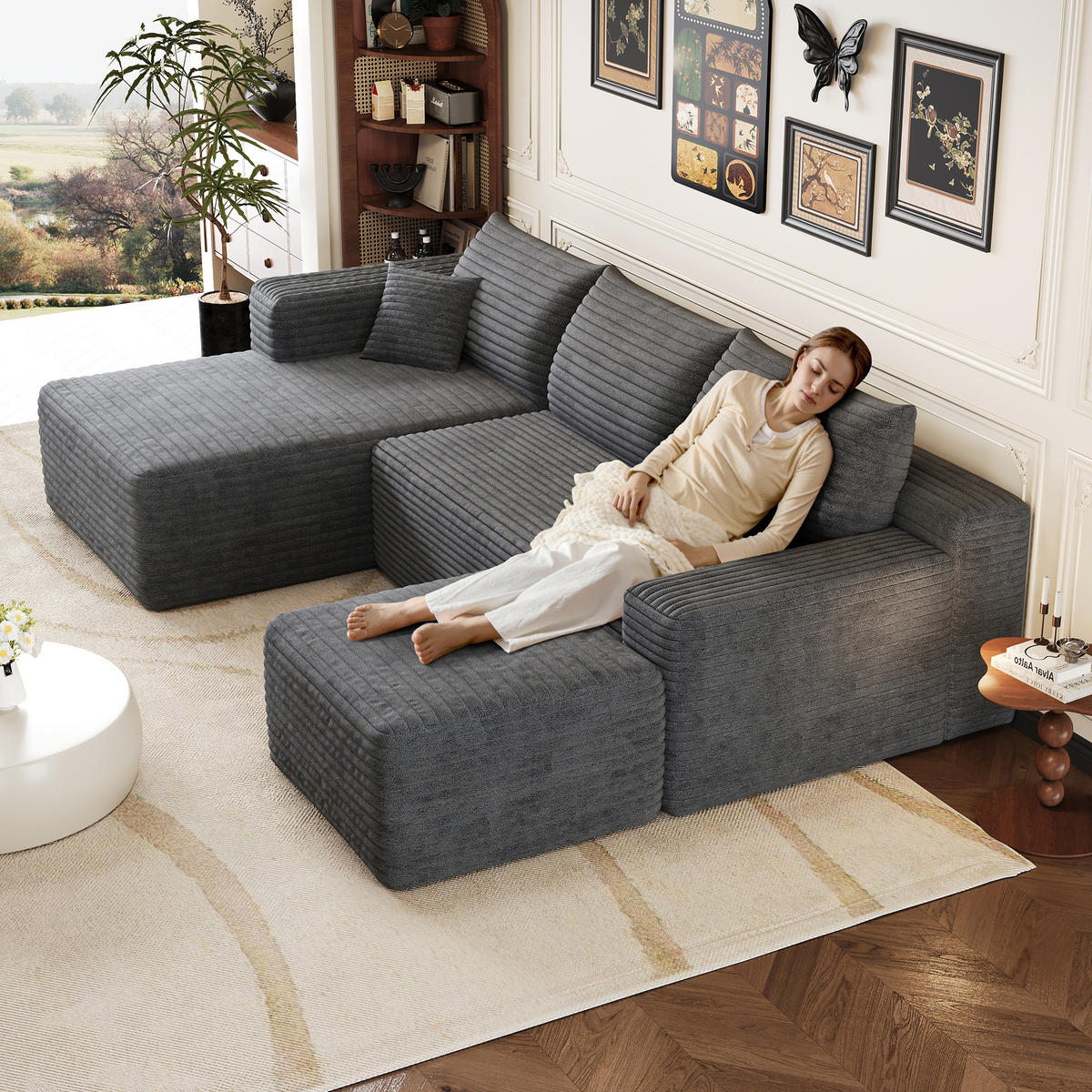 WOHNLANDSCHAFT Cord Dunkelgrau ohne Montage - Grau, Textil (241/58/151cm) - WISHDOR