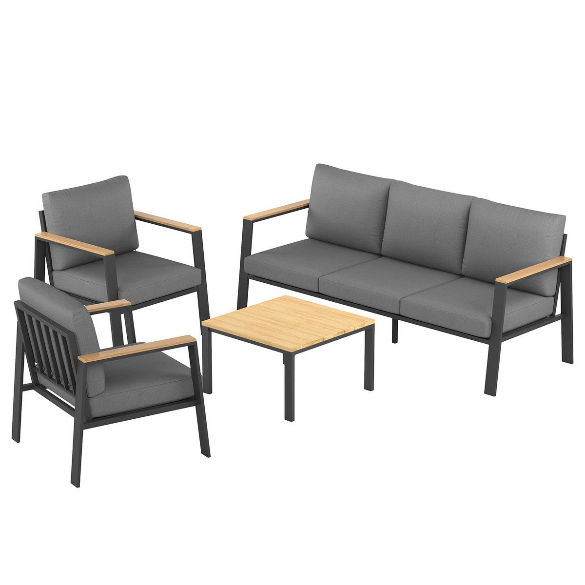 LOUNGESET - 4-teilig - Eukalyptus massiv / Polyester - Braun / Anthrazit - Braun/Grau, Holz/Textil - home24