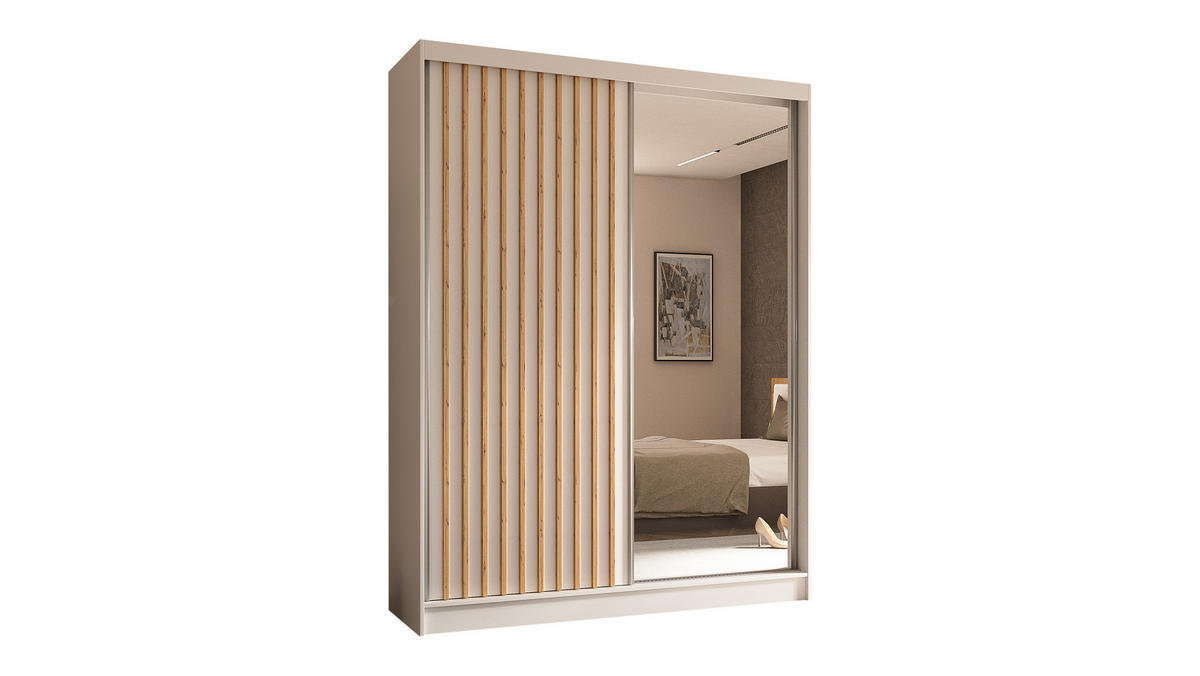 KLEIDERSCHRANK mit Spiegel-Schiebetüren und Aluminium-Leisten - LAMELO - 160 cm Weiß+Weiß+Artisan - Weiß, Holzwerkstoff (160/216/61cm) - ALTDECOR