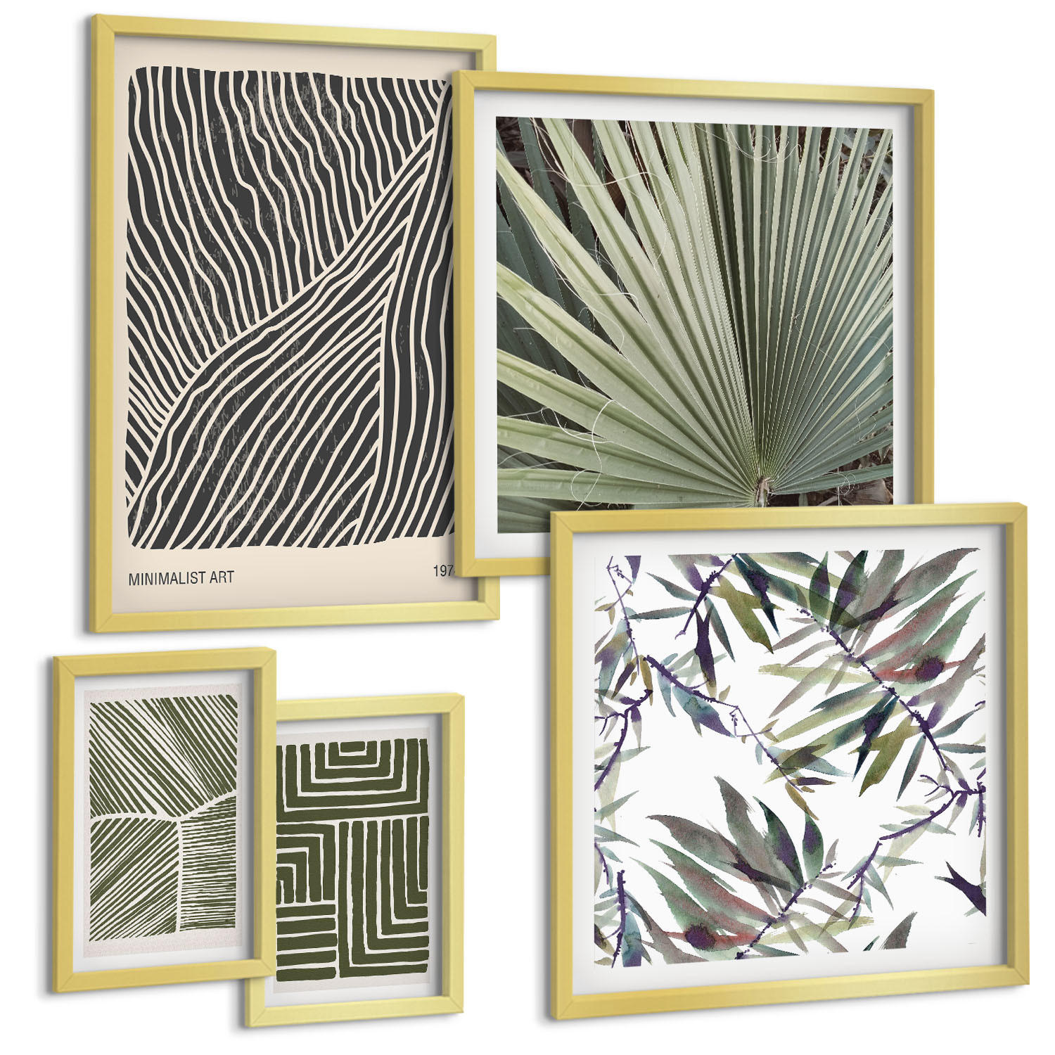 BILDER SET 5er Set - 50x50 cm & 20x30 cm & 40x60 cm Goldrahmen - Formmuster in Grün - Goldfarben, Kunststoff (40/60cm) - TULUP
