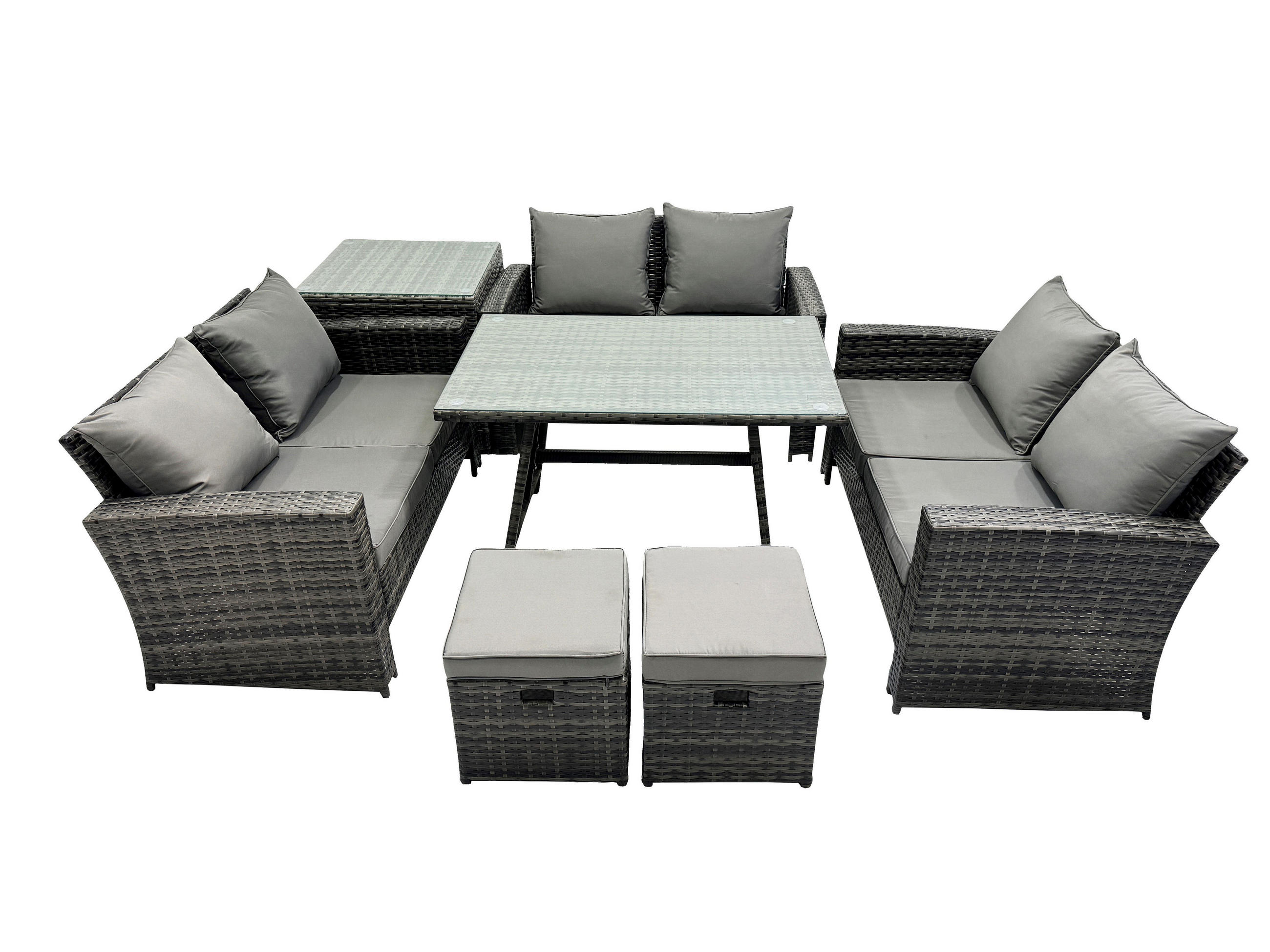 GARTENMÖBELSET mit ESSTISCH,HOCHLEHNER-SOFA Polyrattan Dunkelgrauer Mix 8-Sitzer - Dunkelgrau/Grau, Glas/Kunststoff - Fimous