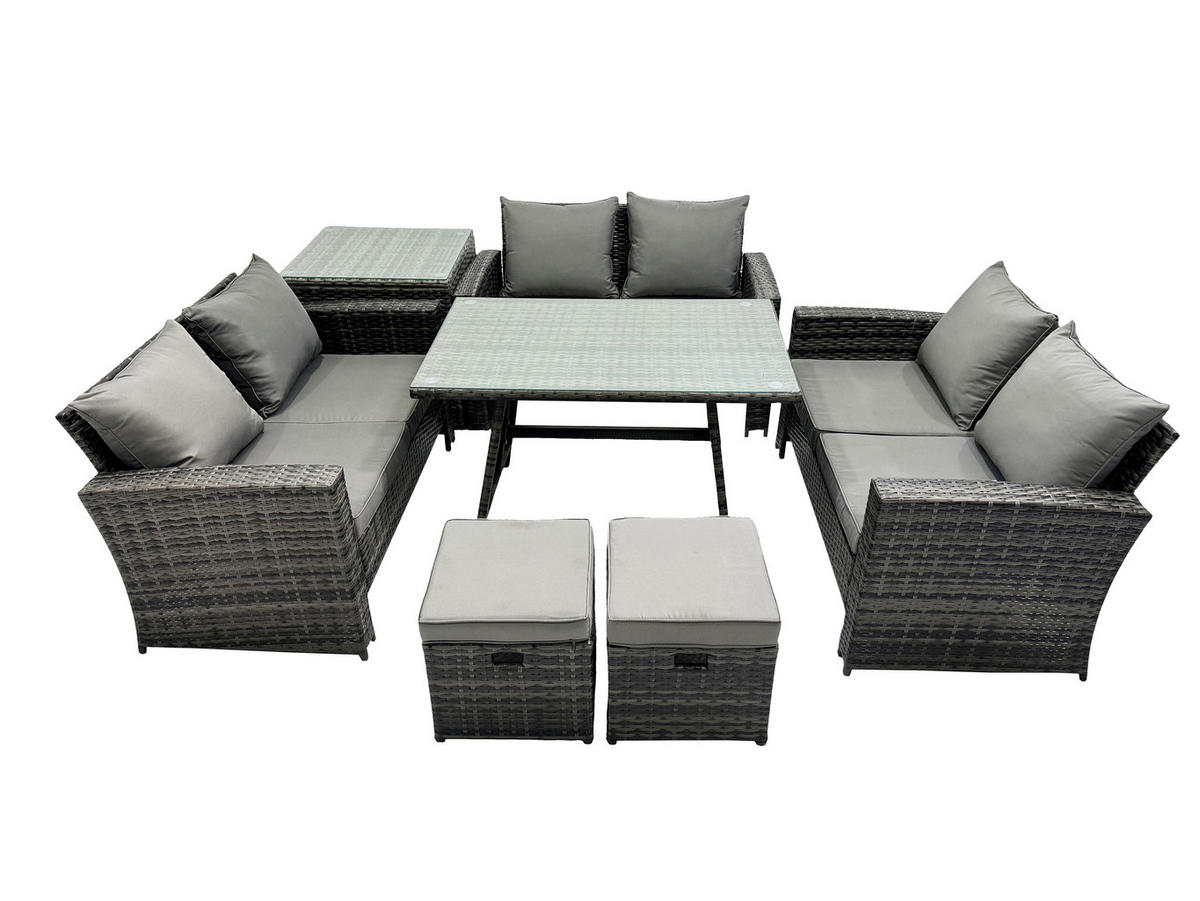 GARTENMÖBELSET mit ESSTISCH,HOCHLEHNER-SOFA Polyrattan Dunkelgrauer Mix 8-Sitzer - Dunkelgrau/Grau, Glas/Kunststoff - Fimous