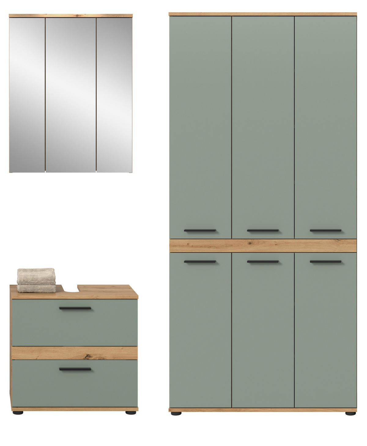BADMÖBEL-SET 3-teilig Salbei grün, Artisan Eiche 167 cm, Badezimmerschränke mit viel Stauraum - Salbeigrün/Schwarz, Glas/Holzwerkstoff (167/191/34cm) - Inn.Furn