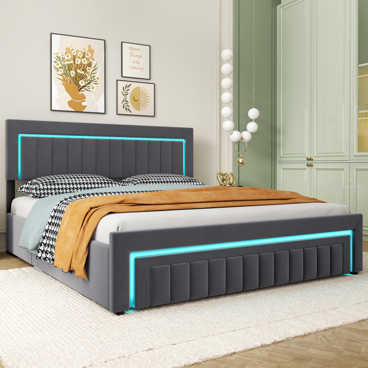POLSTERBETT 160/200 cm in Grau, mit Bettkasten und Schubladen , mit LED, ohne Matratze - Grau, Holzwerkstoff/Textil (160/200cm) - WISHDOR