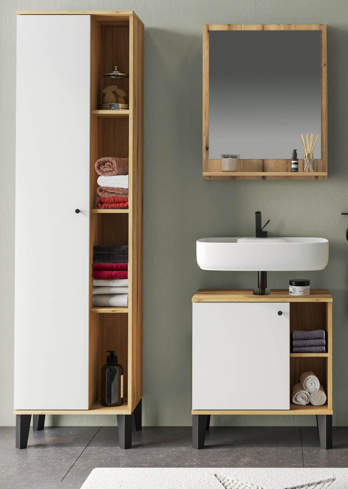 BADMÖBEL-SET 3-teilig weiß, Evoke Eiche, Badkombination 121 x 190 cm - Eichefarben/Schwarz, Glas/Holzwerkstoff (121/190/33cm) - Furn.Design