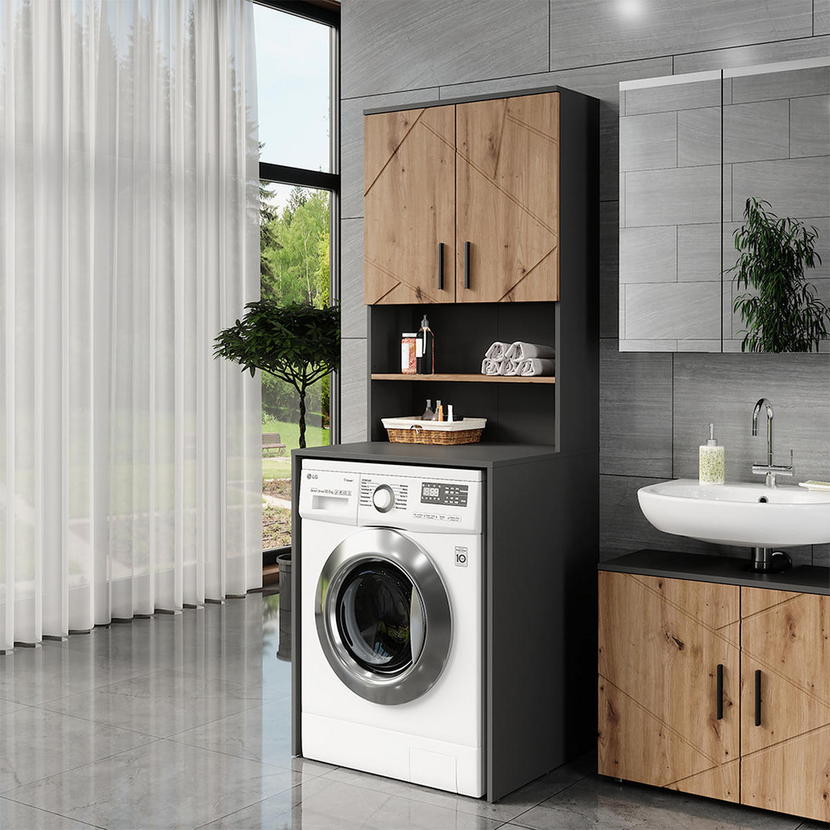 KONSTRUKCE SKŘÍŇKY NA PRAČKU Irma Antracit/Artisan - antracitová/dub artisan, kompozitní dřevo (68/103.5/30cm) - Vicco