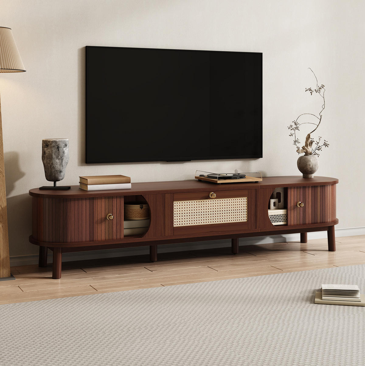 TV-LOWBOARD 170/39,5/38 cm in Natur mit Rattanschubladen und Türen - Eichefarben, Holzwerkstoff (170/38/39.5cm) - Flora Grace