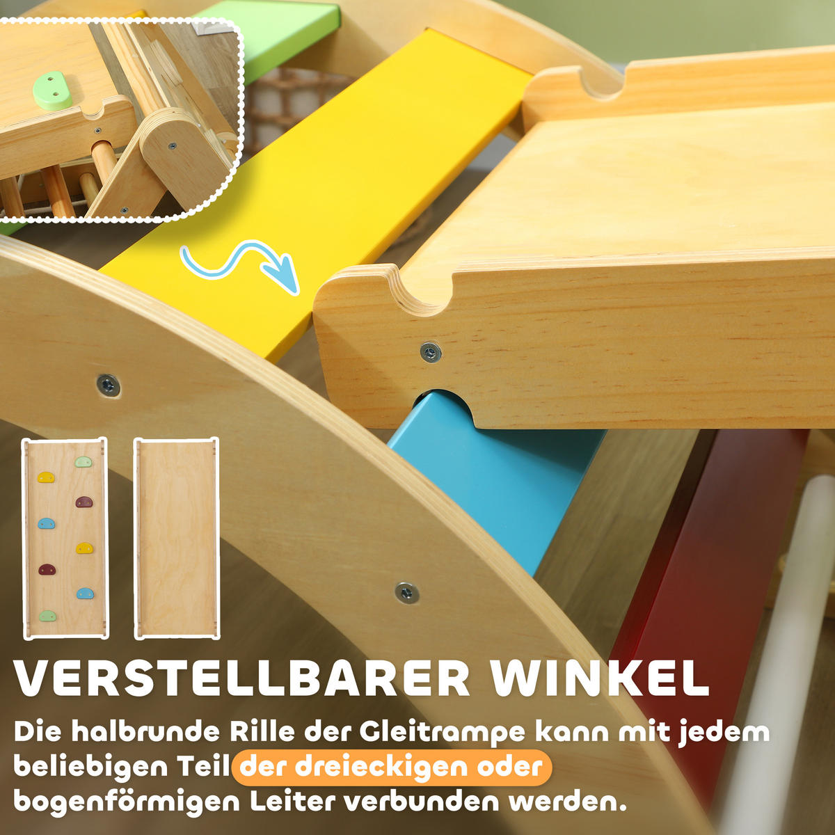 KLETTERGERÜST Indoor, 7 in 1 Kletterdreieck mit Rutsche Kletterbogen Rampe Holz - Multicolor, Holz (62.5/57/168cm) - AIYAPLAY