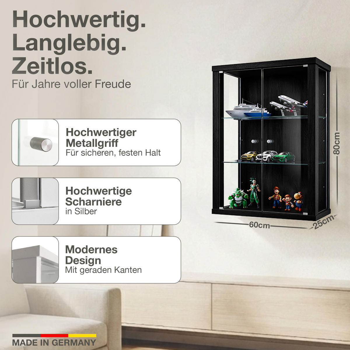 HÄNGEVITRINE 25/60/80 cm mit 2 höhenverstellbaren Glasböden - Transparent/Silberfarben, Glas/Holzwerkstoff (60/80/25cm) - K-Möbel