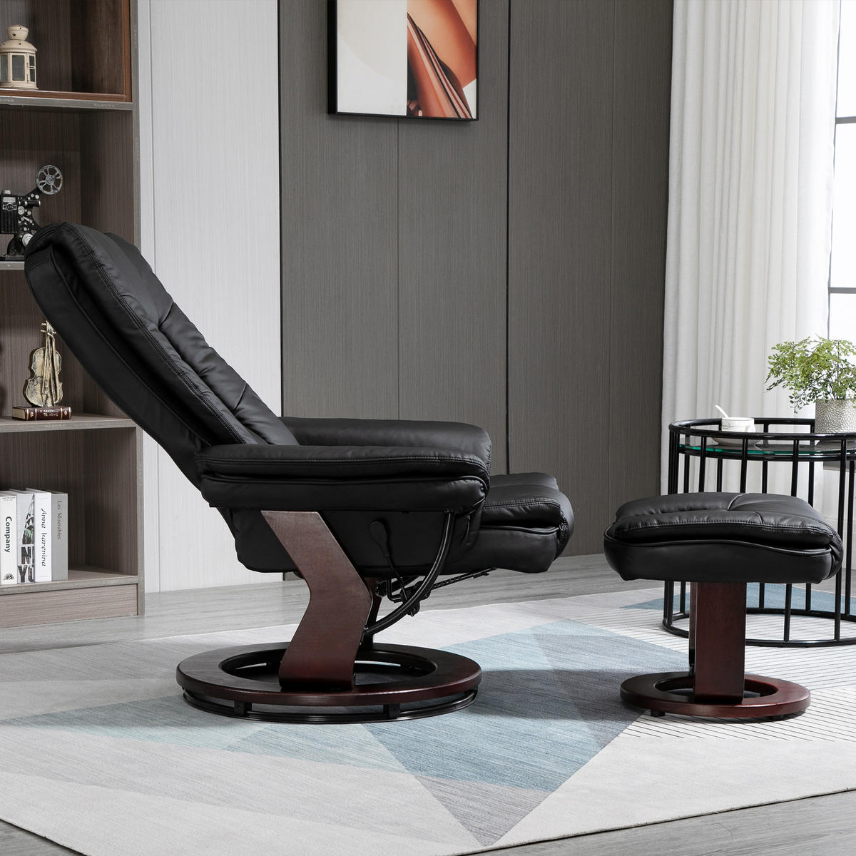 RELAXSESSEL mit Hocker 360°Drehbarer Fernsehsessel mit Liegefunktion Kunstleder - Schwarz/Braun, Leder/Holz (82/106/85cm) - HOMCOM