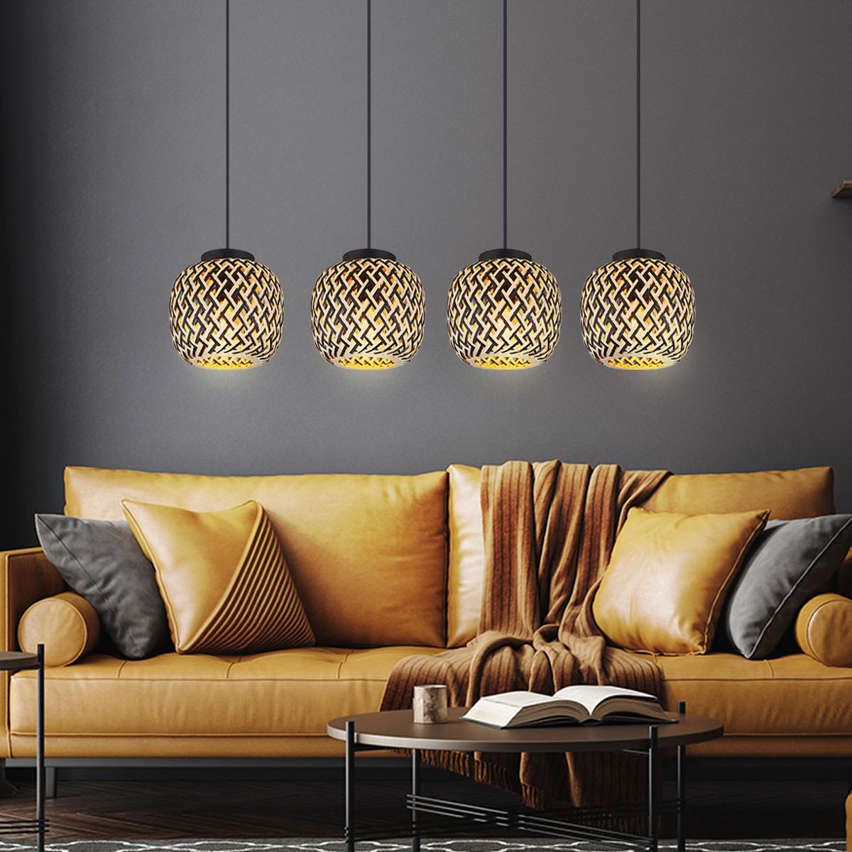 LED HÄNGELEUCHTE Metall Braun Bambus 4-flammig - Braun, Metall (100/20/120cm) - Globo Lighting