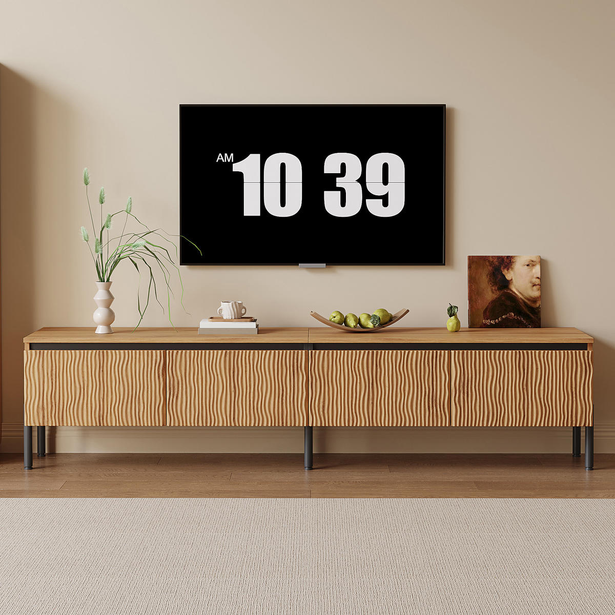 TV STOLEK v přírodní barvě se 4 dvířky a otvorem pro kabely do obýváku, 180×35×43 cm - přírodní/černá, kov/kompozitní dřevo (180/43/35cm) - STILVORA