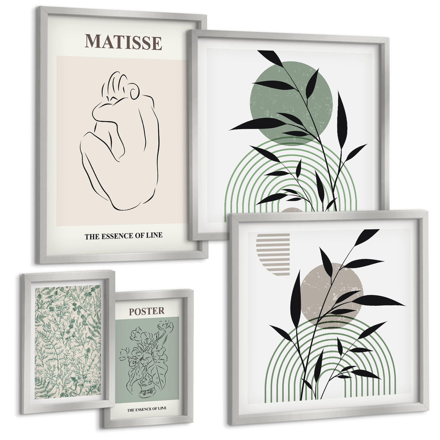 BILDER SET 5er Set - 50x50 cm & 20x30 cm & 40x60 cm Silberner Rahmen - Linien, Pflanzenmuster, Minimalismus - Silberfarben, Kunststoff (40/60cm) - TULUP