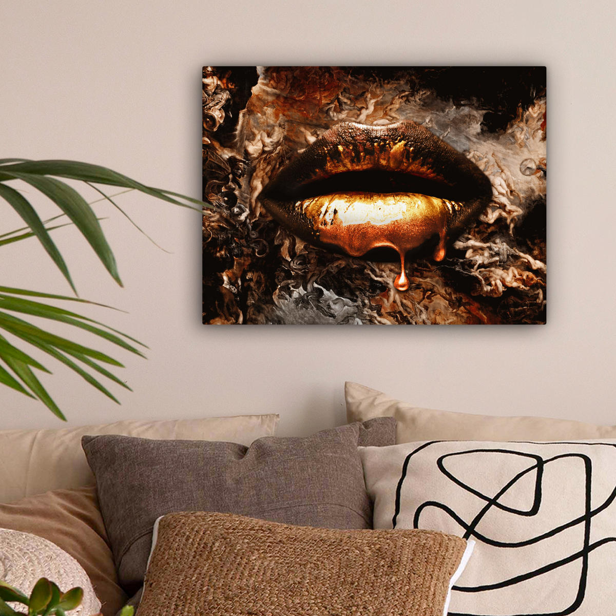 LEINWANDBILD Gold - Lippen - Kunst - Gold - Luxus - Abstrakt Wandbild 40x30 cm - Kupferfarben, Textil (40/30cm) - MuchoWow
