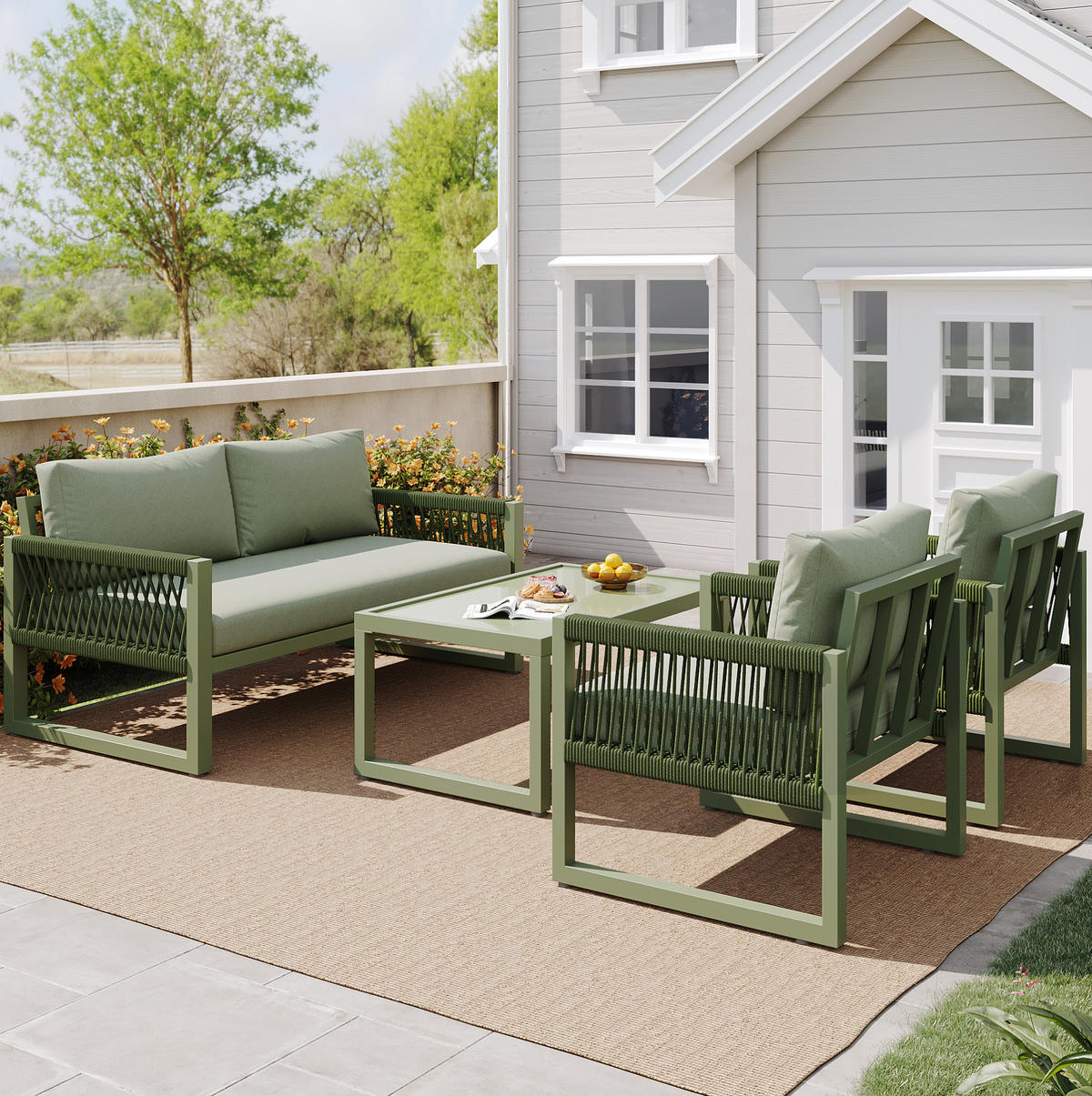 GARTENMÖBEL-SET 120/65/72 cm grün aus Eisen mit Seilgeflecht - Grün, Metall - OKWISH