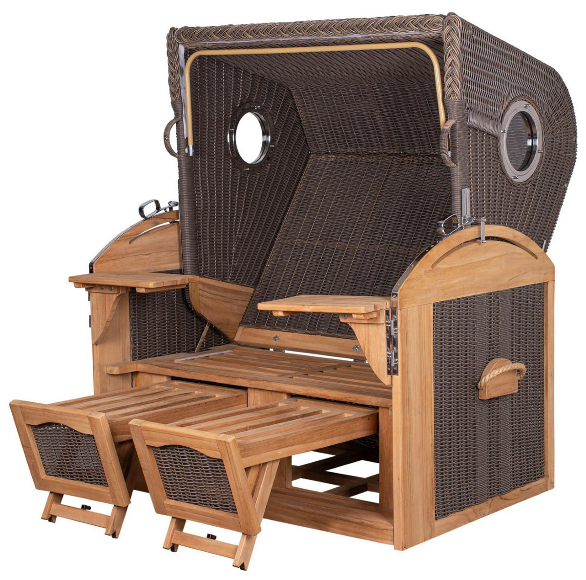 STRANDKORB Komplettset: Borkum XL Teak Bullauge - PE grau - Modell 595 - Blau/Grau, Holz/Kunststoff (142/170/95cm) - bene living