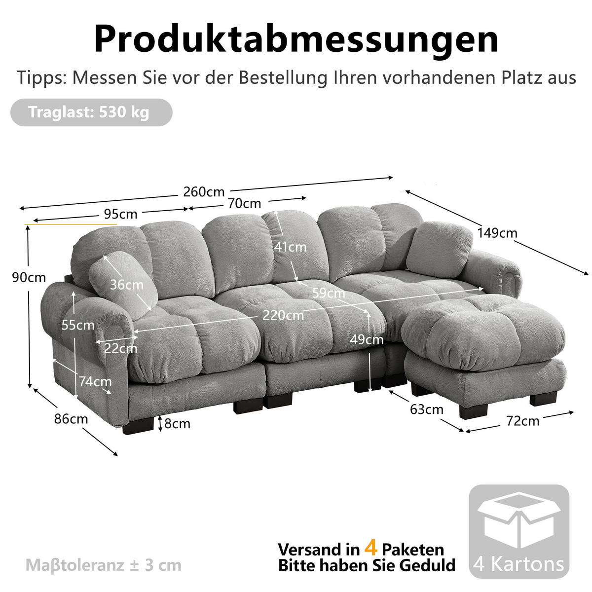 ECKSOFA DE-34384 L-Form mit Ottoman und Steppdesign Hellgrau - Hellgrau, Textil (149/260cm) - ComfortXL