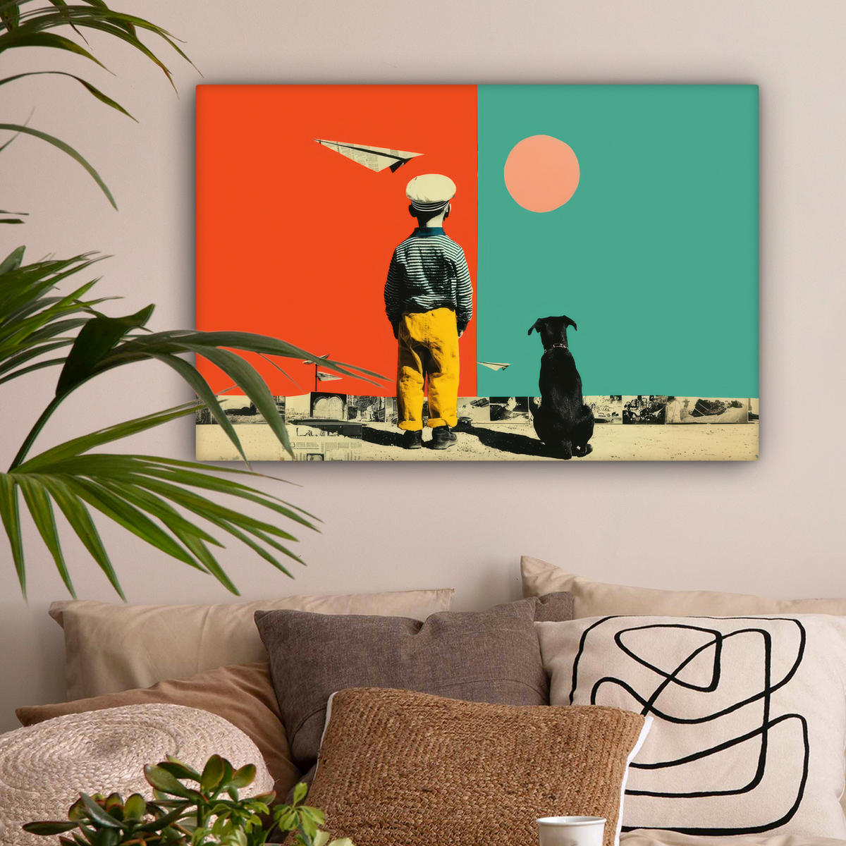 LEINWANDBILD Retro - Junge - Hund - Rot - Grün Wanddeko 90x60 cm - Orange, Textil (90/60cm) - MuchoWow