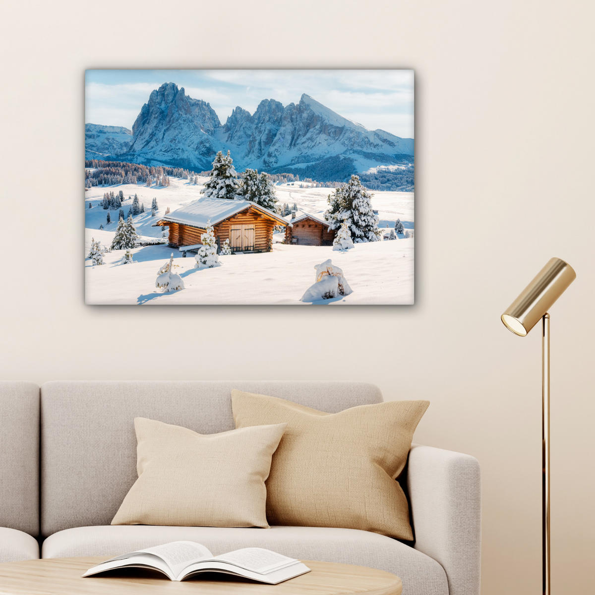 LEINWANDBILD Winter - Hütte - Berge - Aussicht - Schnee Wandbilder 80x60 cm - Eichefarben, Textil (80/60cm) - MuchoWow