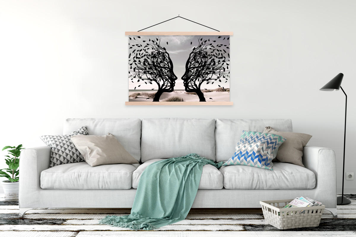 POSTER Strand - Meer - Menschen - Baum - Moderne Kunst 120x80 cm - Hellgrau, Textil (120/80/0.15cm) - MuchoWow