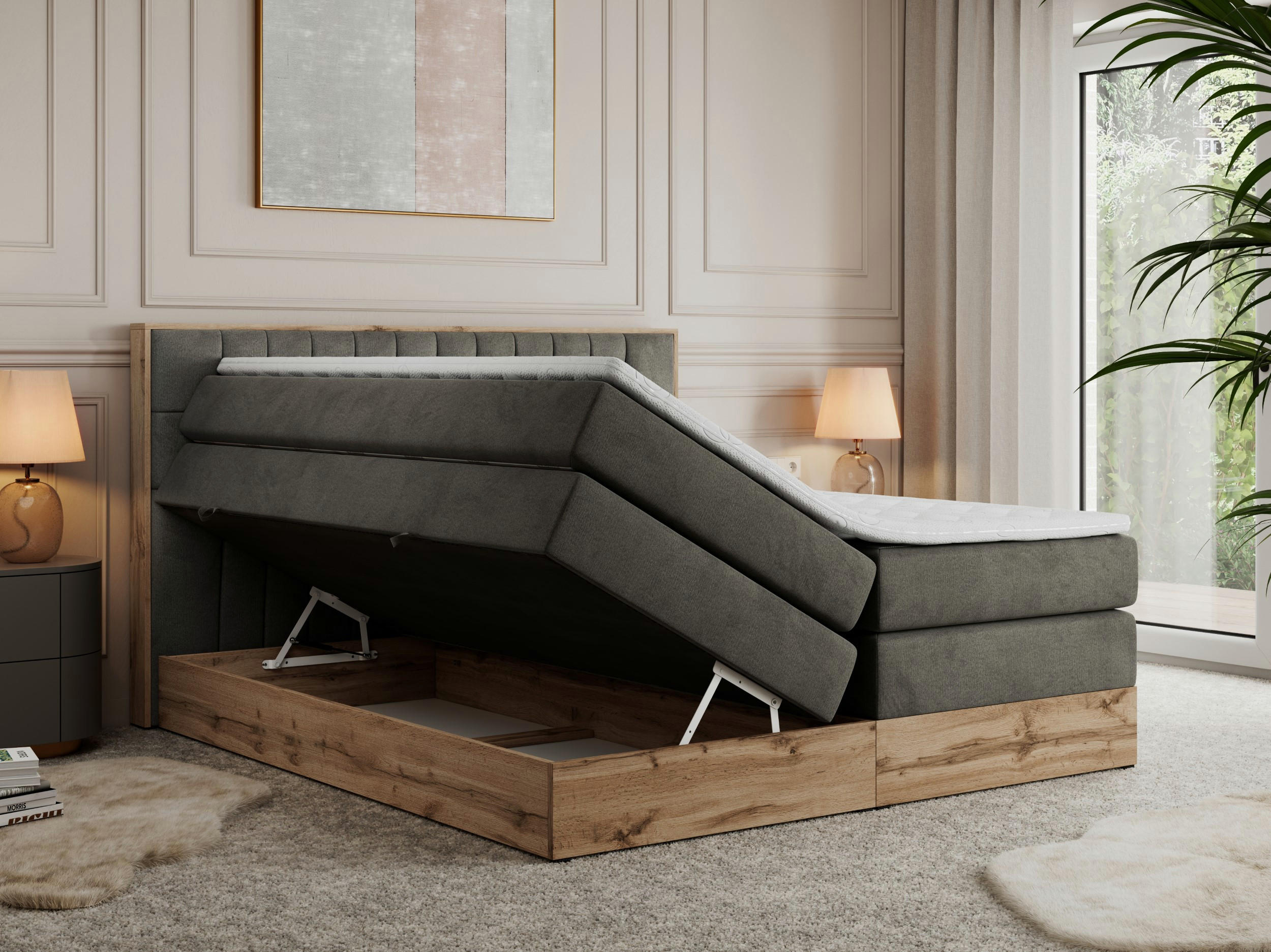Thumbnail - MKS Boxspringbett, Dunkelgrau, Textil, 2-Sitzer, H4, Rechteckig, 160x200 cm, Schlafzimmer, Betten, Boxspringbetten