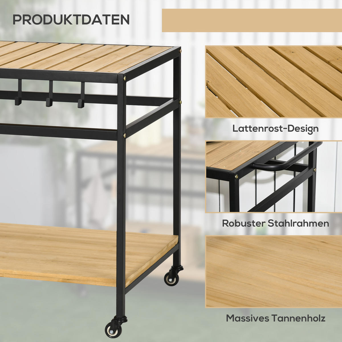 SERVIERWAGEN, Gartenrollwagen mit 2 Regalen, Haken, Rollen, Stahl, Tannenholz, Natur - Fichtefarben, Holz/Metall (65/80/107cm) - Outsunny