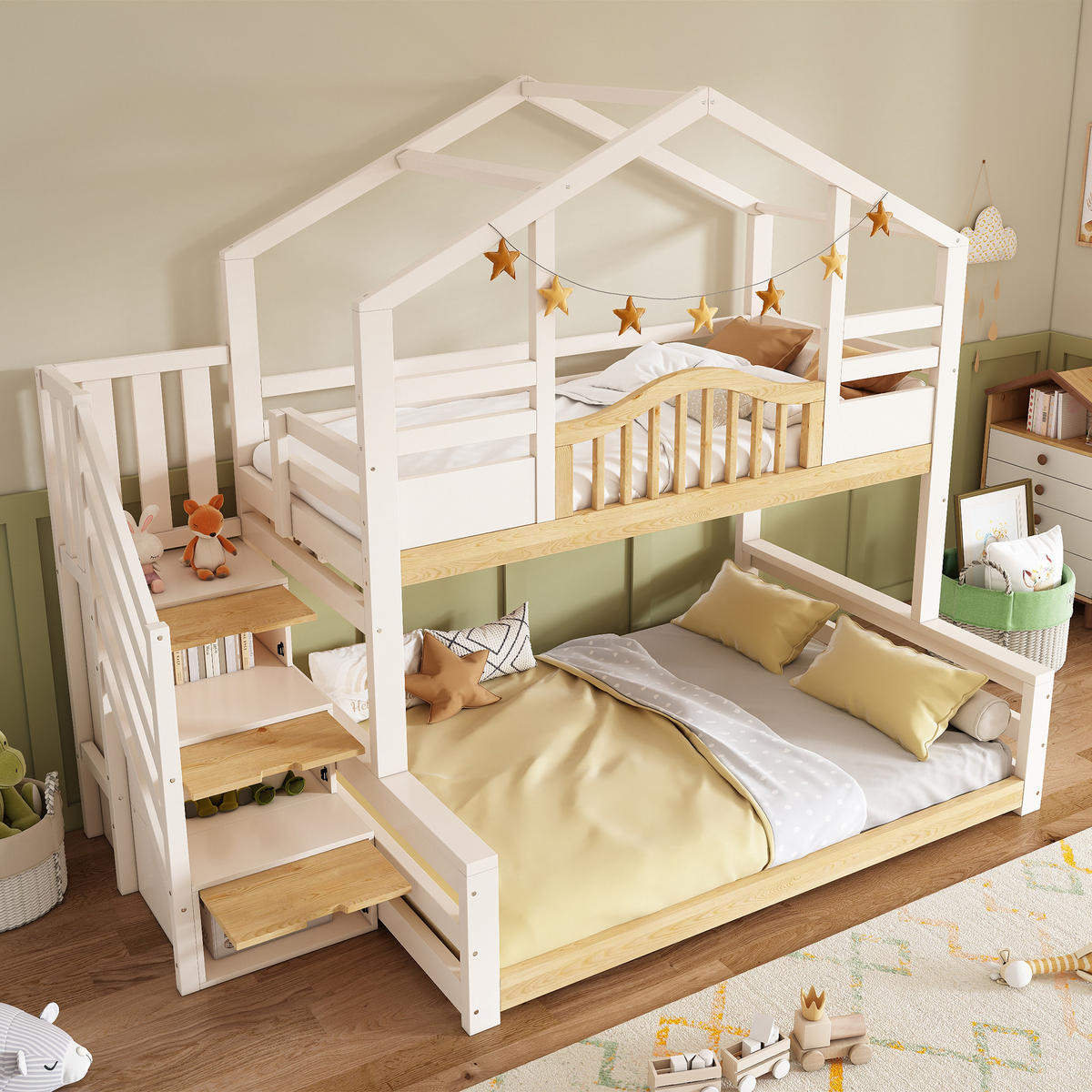 ETAGENBETT mit Treppenschrank 90x200/140x200 cm Weiß Wood 4-tlg. - Weiß, Holz (90/200cm) - Meubliv