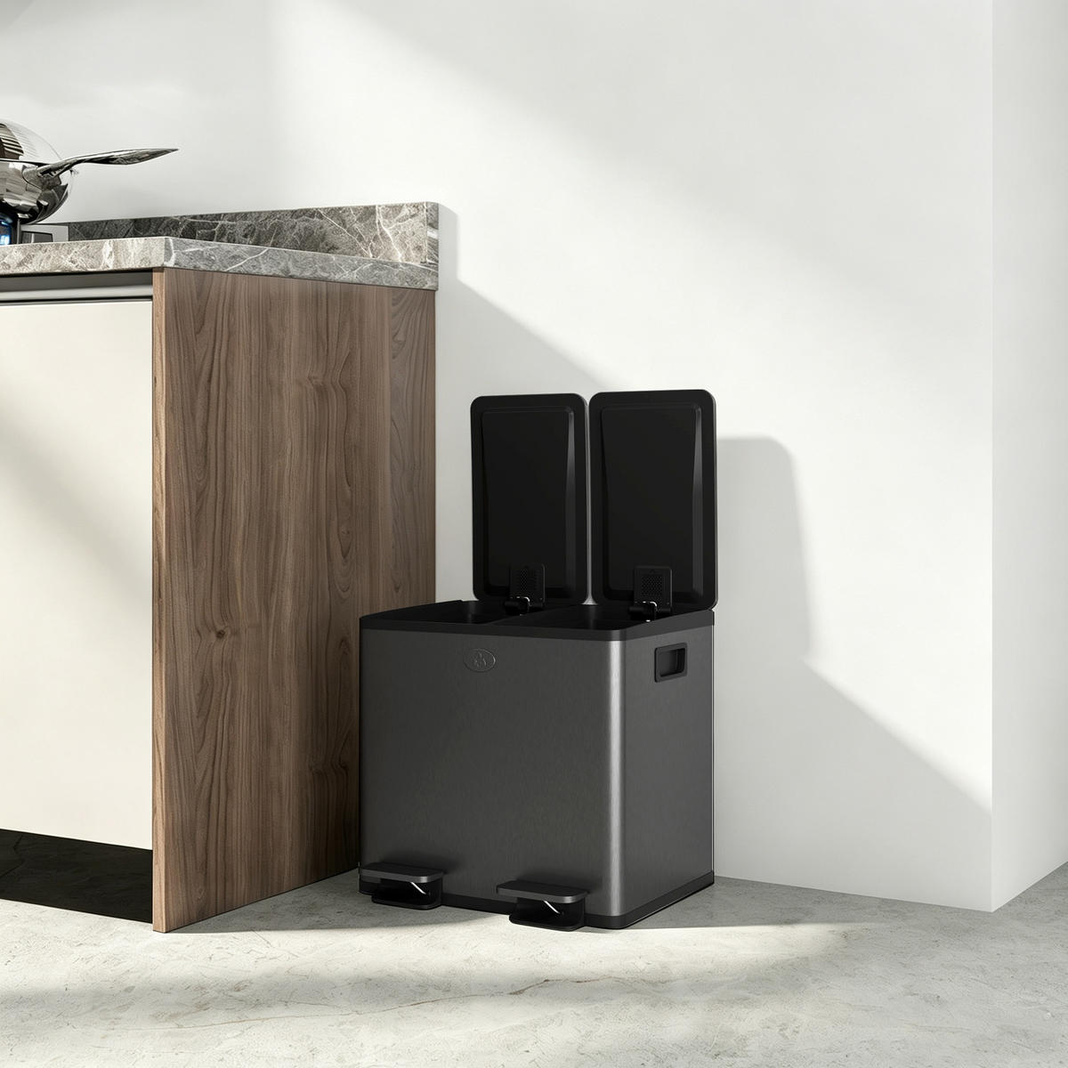 MÜLLEIMER 2x15L Mülltrennsystem Edelstahl Schwarz Soft-Close 41,7/36,6/43,2 cm - Schwarz, Metall (36.6/43.2/41.7cm) - Rolipo