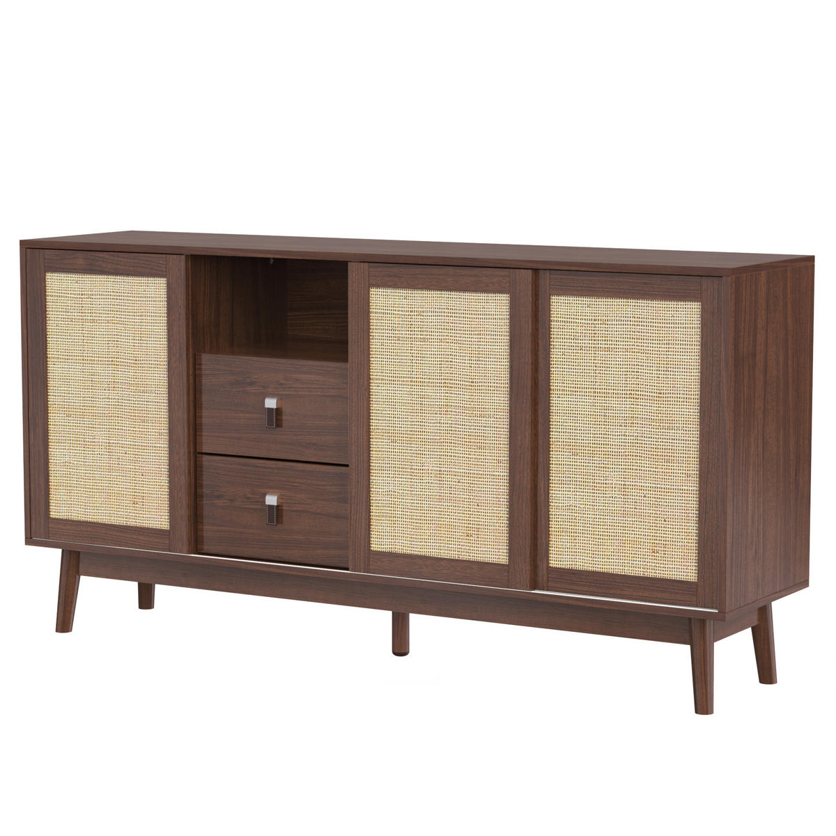 SIDEBOARD DE-38889 155/38/80 cm 3 Rattan-Schiebetüren und 2 Schubladen Dunkles Holz - Walnussfarben, Holzwerkstoff (155/80/38cm) - ComfortXL