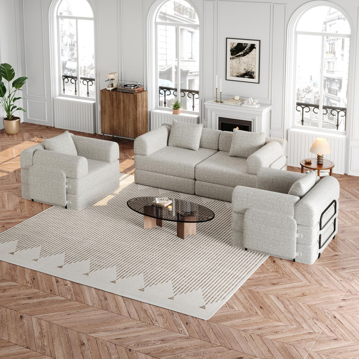 SCHLAFSOFA 2-in-1 aus Chenille, mit Armlehnen-Staufach, 91,4/183,8/69,8 cm, Beige - Beige, Textil (91.4/69.8/183.8cm) - Redom