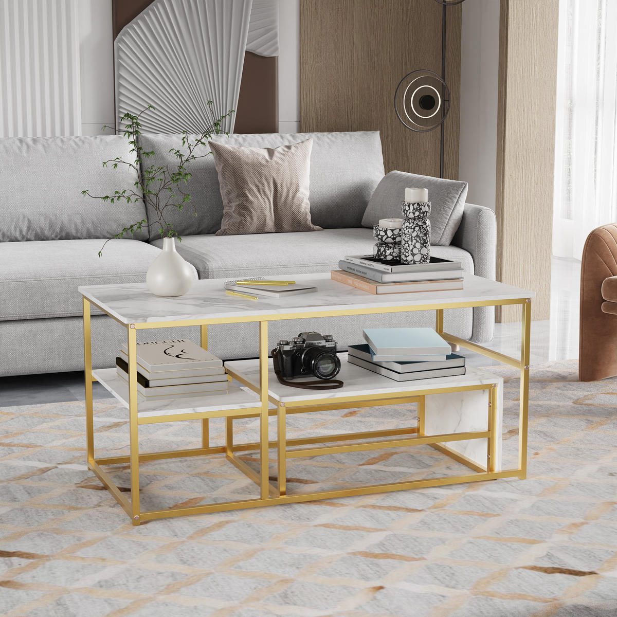 2ER SET COUCHTISCH Marmor Weiß/Goldfarben - Goldfarben, Metall (105/52/48.5cm)