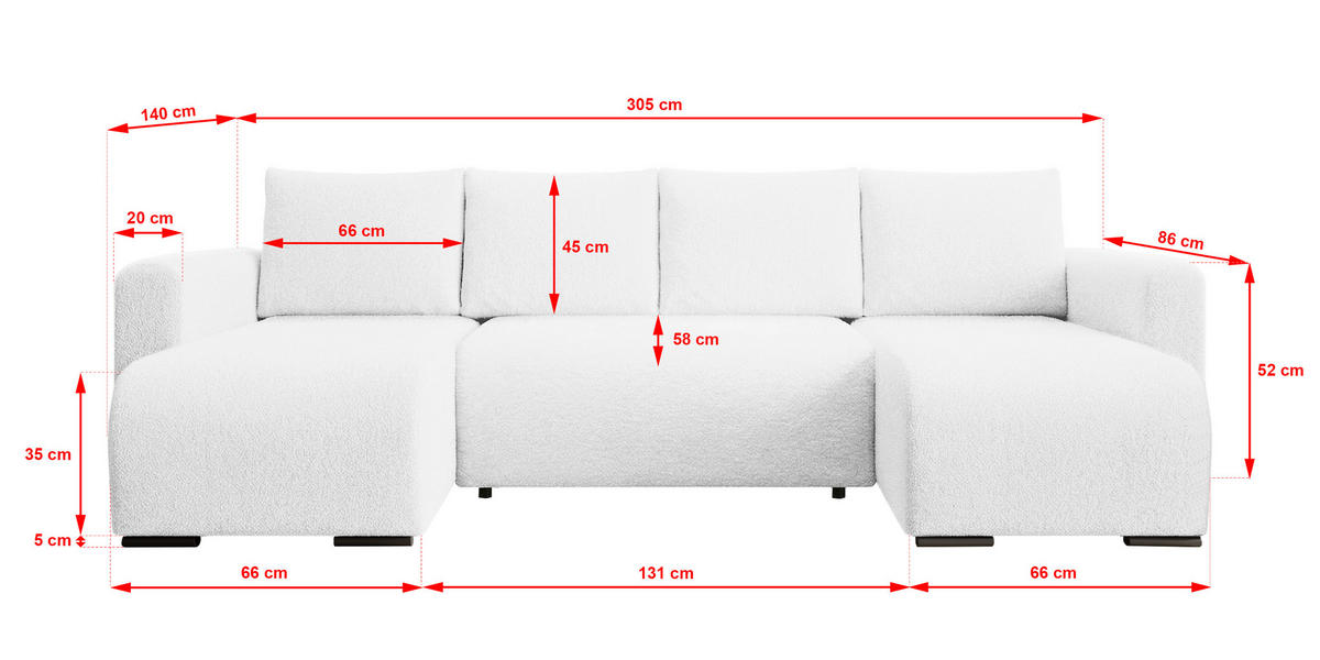 WOHNLANDSCHAFT DORA U mit Bettkasten und Schlaffunktion, U-Form, bequem - Weiß, Textil (305/85/140cm) - Storez24