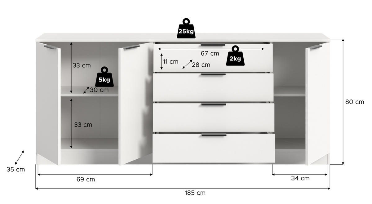 SIDEBOARD weiß 185 x 80 cm, Kommode mit viel Stauraum - Schwarz/Weiß, Holzwerkstoff/Kunststoff (185/80/35cm) - Inn.Furn