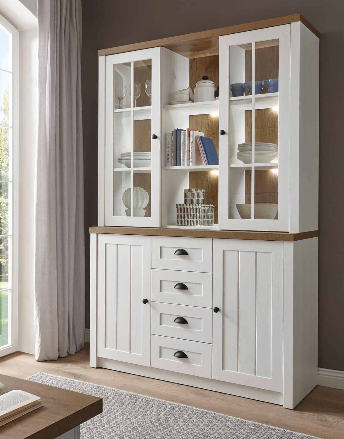 BUFFETSCHRANK weiß Pinie, Eiche hell Landhaus, Buffet 130 x 198 cm - Eichefarben/Schwarz, Holzwerkstoff/Metall (130/198/43cm) - Furn.Design