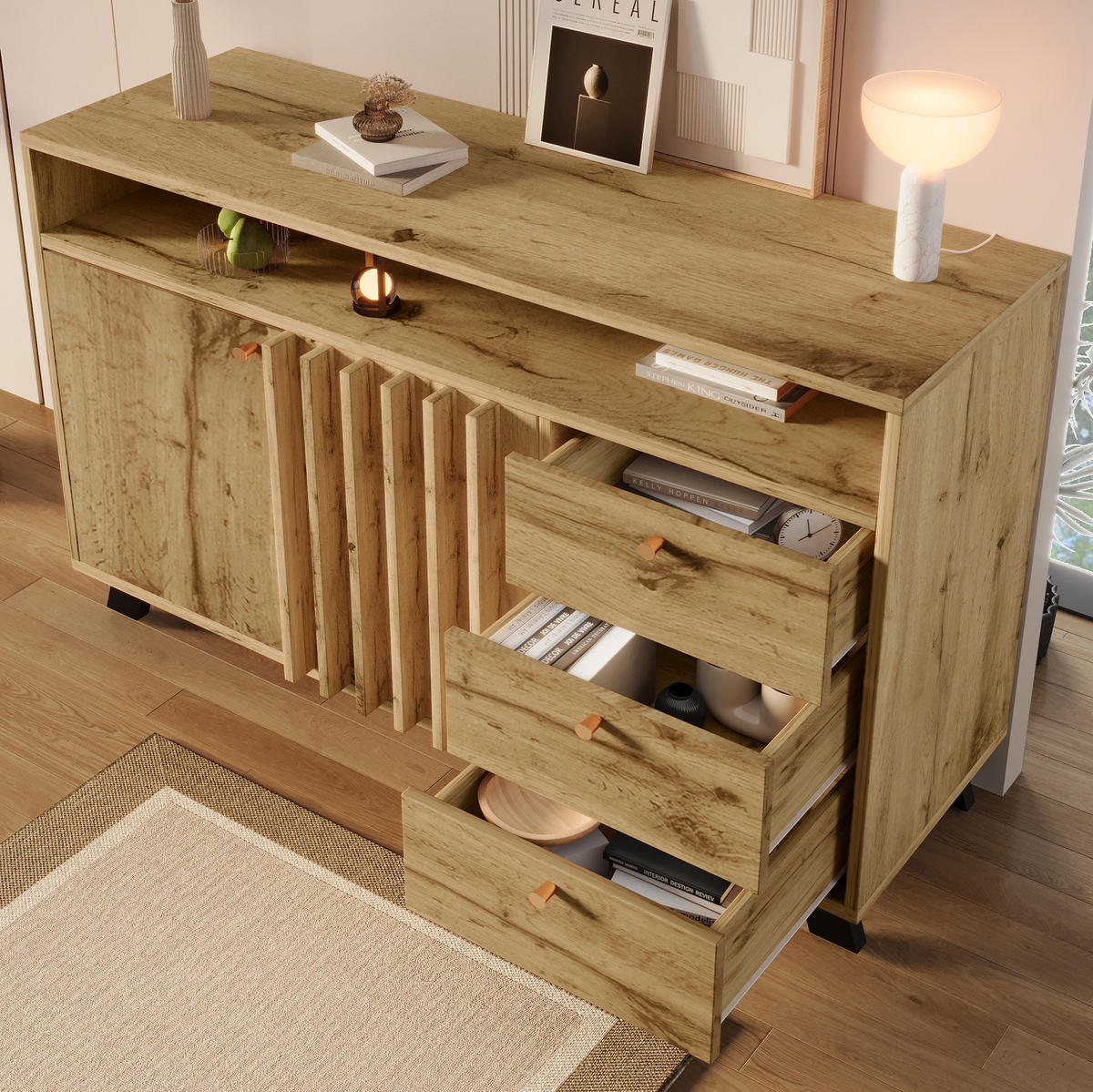 SIDEBOARD 120/40/85 cm mit 2 Türen, 3 Schubladen & offenem Fach in Dunkler Eiche - Braun, Holz (120/85/40cm) - BEAOK