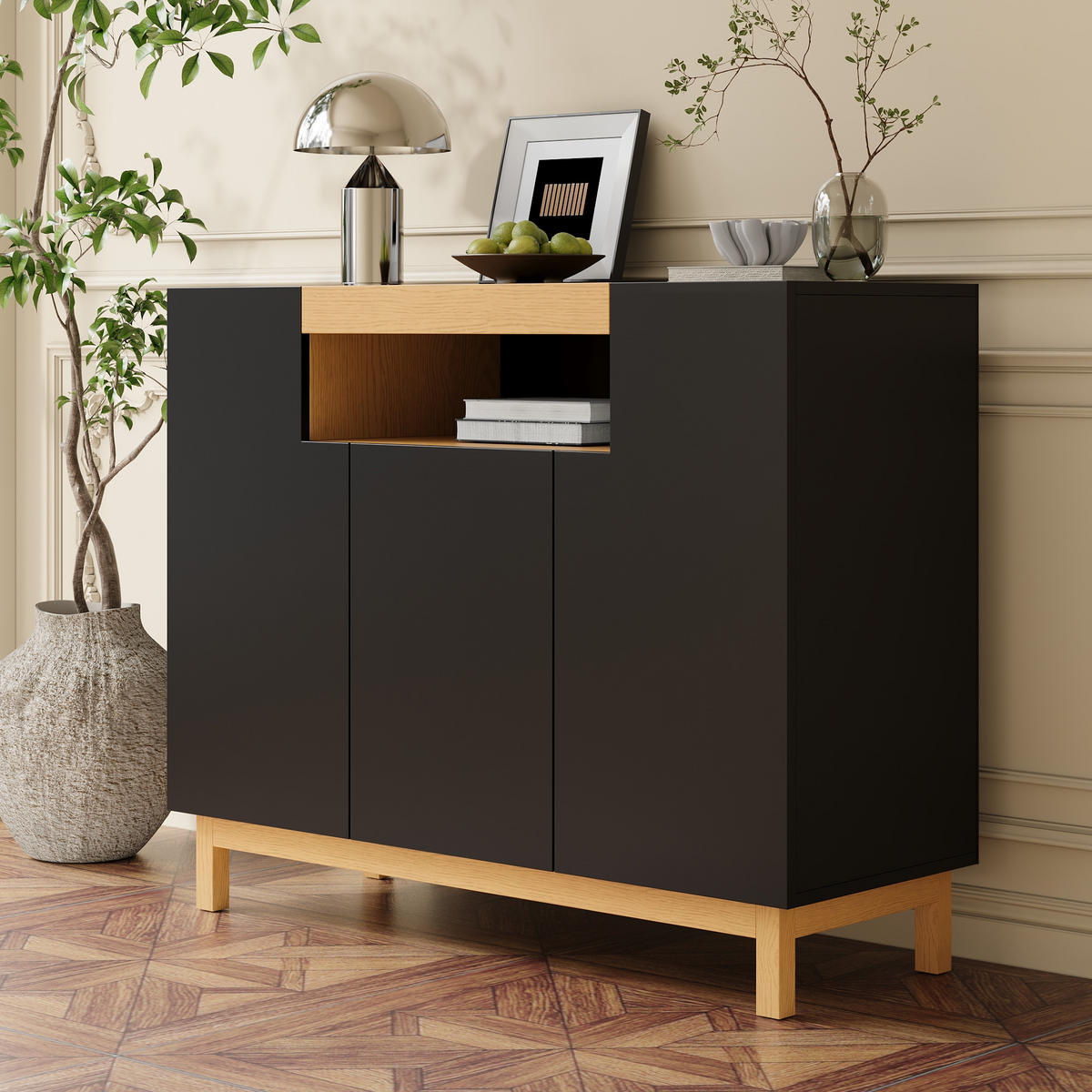 SIDEBOARD 3 Türen Wohn Esszimmer Multifunktional Stauraum - Schwarz, Holzwerkstoff (42/96/120.5cm) - FLIEKS