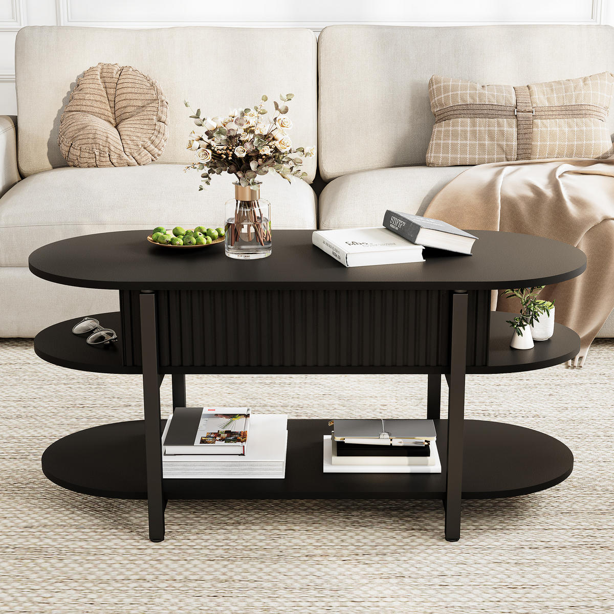 HÖHENVERSTELLBARER COUCHTISCH schwarz mit großem Stauraum - Schwarz, Holz (106/38/50cm) - SHOPENTRA