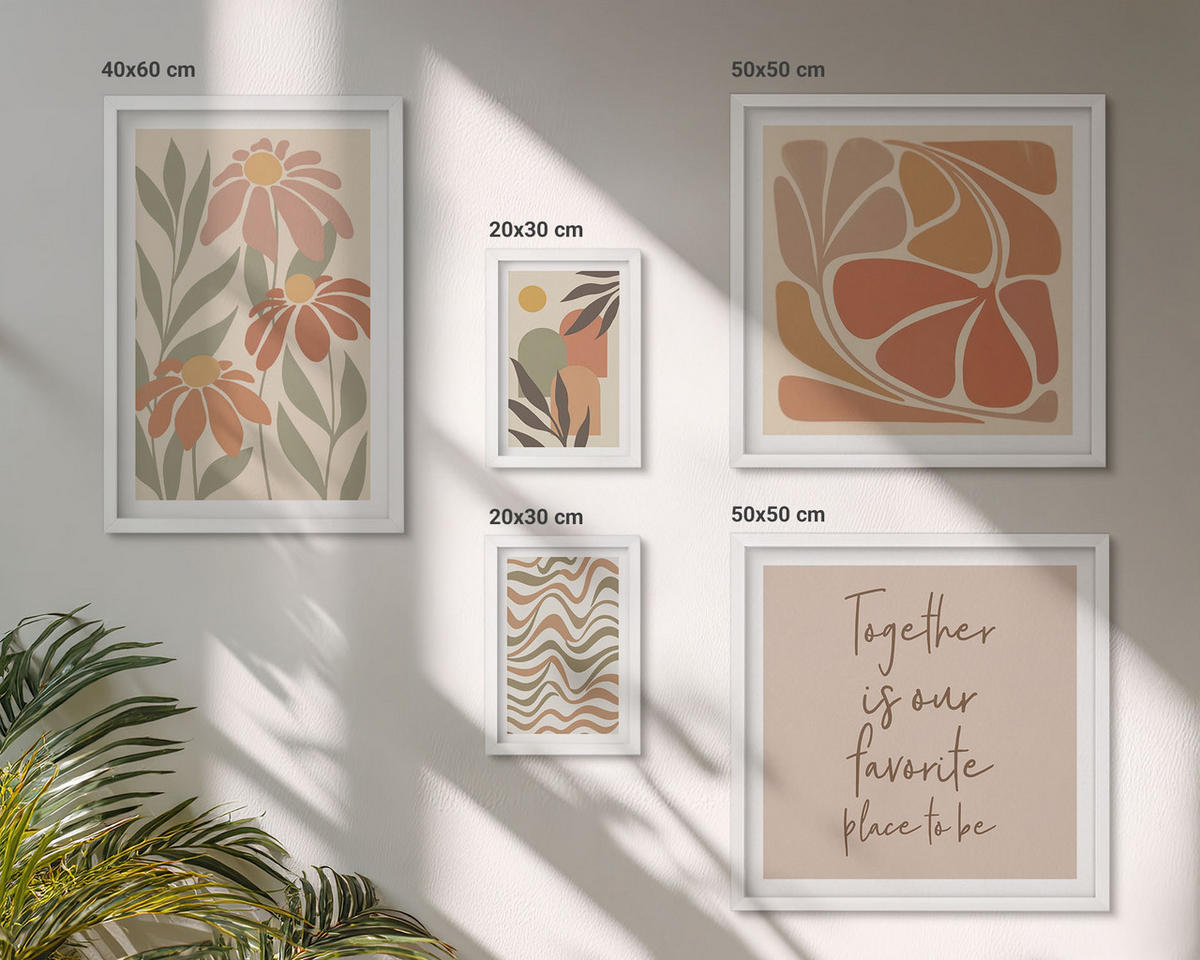 BILDER SET 5er Set - 50x50 cm & 20x30 cm & 40x60 cm Weißer Rahmen - Abstrakte Pastellblumen - Weiß, Kunststoff (40/60cm) - TULUP