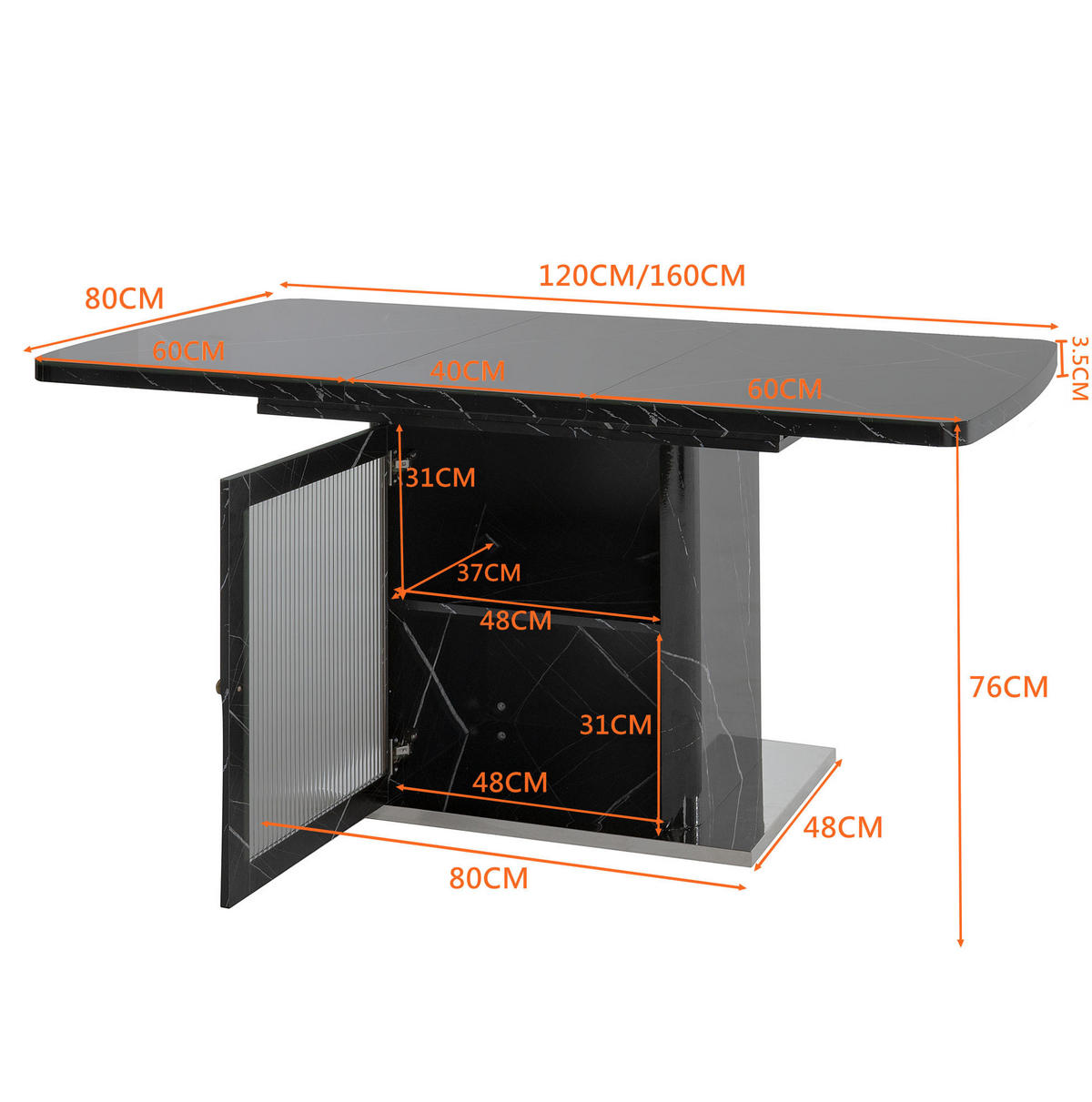 ESSTISCH 120-160/76/80 cm Schwarz aus Glas, MDF und Stahl mit Stauraum und Ausziehfunktion - Schwarz, Glas (160/80/76cm) - OKMYHOME