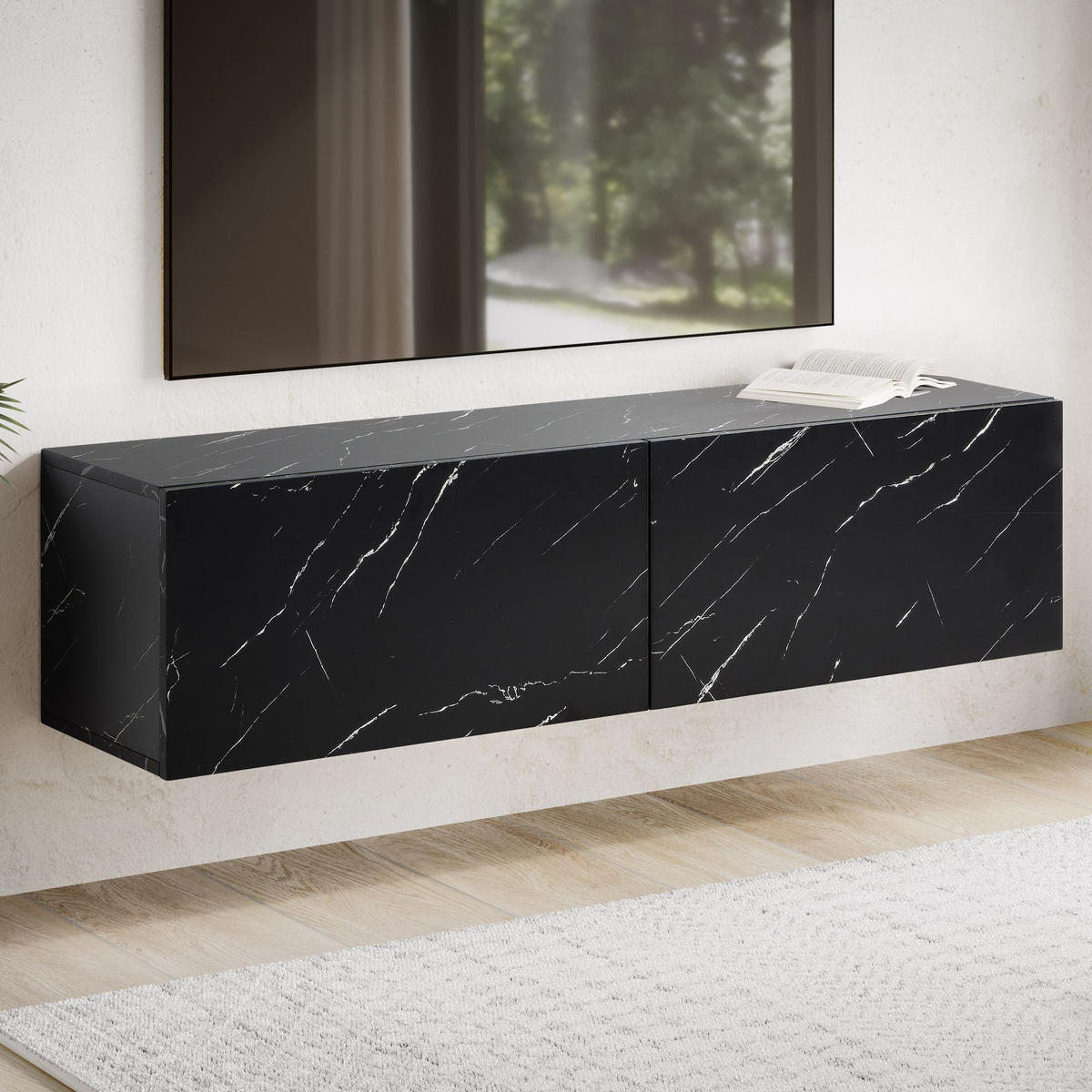 TV-LOWBOARD hängend, Marmor-Optik, Klapptüren, modern, Schwarz 120x30x30 cm - Schwarz, Metall (120/30/30cm) - KADIMA DESIGN