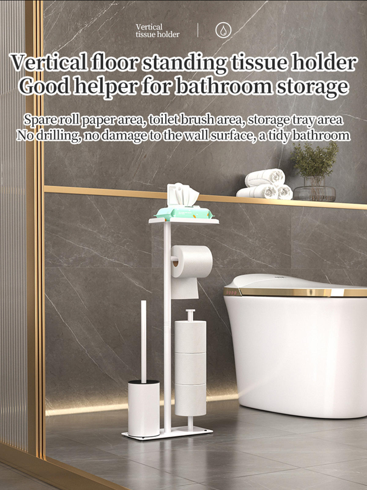 TOILETTENBÜRSTENHALTER – 2-in-1 (Weiß) 24 x 12 x 60 cm - Schwarz, Metall (12/60/24cm)