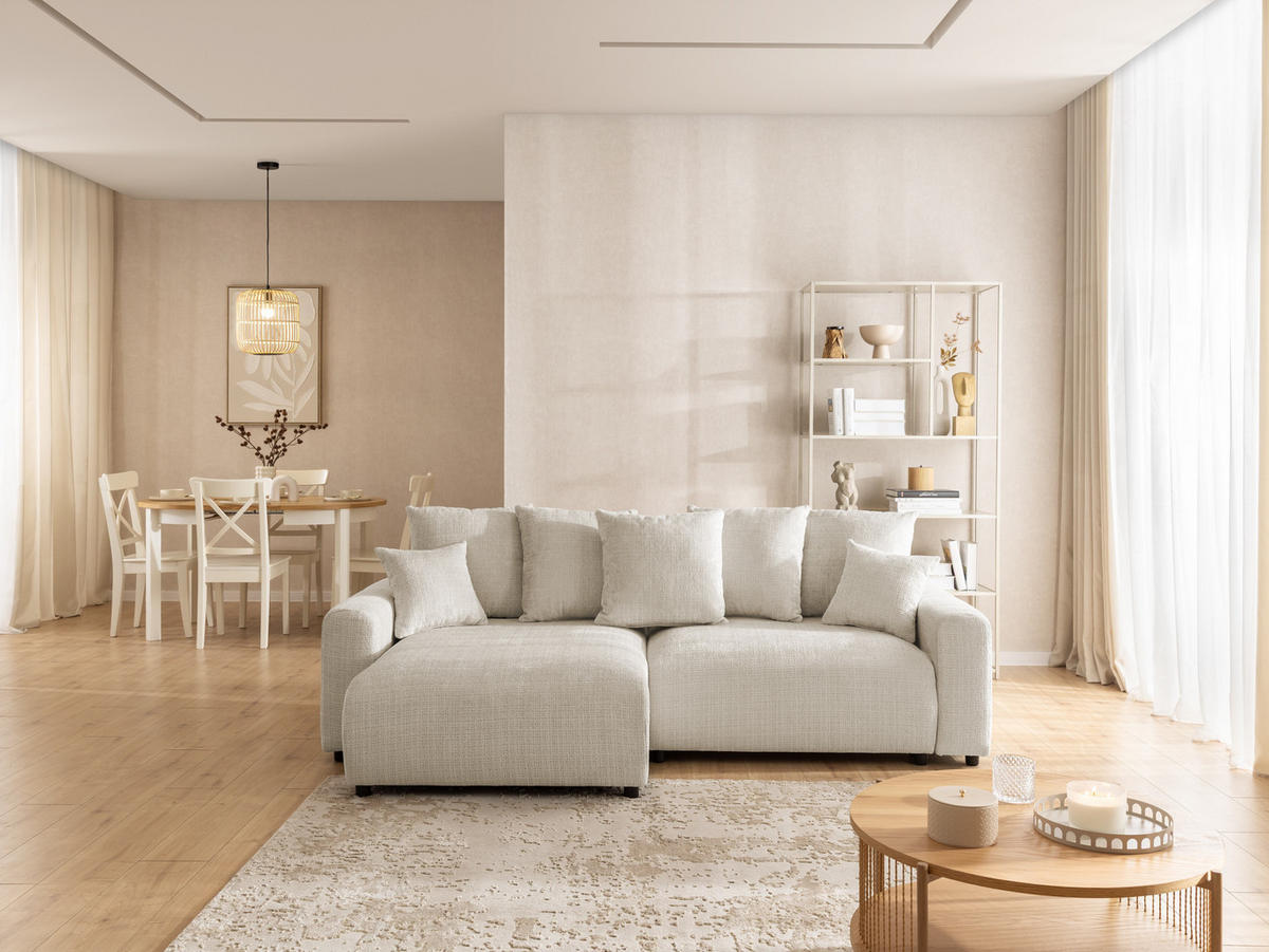 ECKSOFA Calma mit Schlaffunktion und Bettkasten im Bumpy-Design aus weichem Beige Chenille-Stoff - Ottomane links - Beige/Schwarz, Holz/Kunststoff (140/239cm) - S-Style Möbel