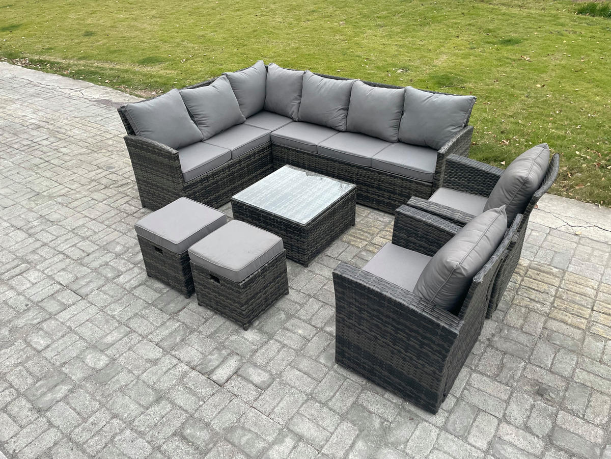 GARTENGARNITUR mit Ecksof,Couchtisch,2 Fußhocker, 2 Stühle Polyrattan Dunkelgrau 10-Sitzer - Dunkelgrau/Grau, Glas/Kunststoff - Fimous
