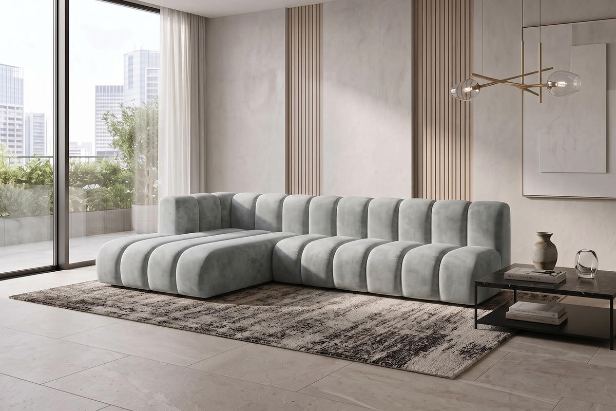 ECKSOFA Modulares In L-Form, Velvet-Stoff Riviera, Grau, Links, GRAND 295 cm - Grau, Holz (295/179cm) - Kaiser Möbel