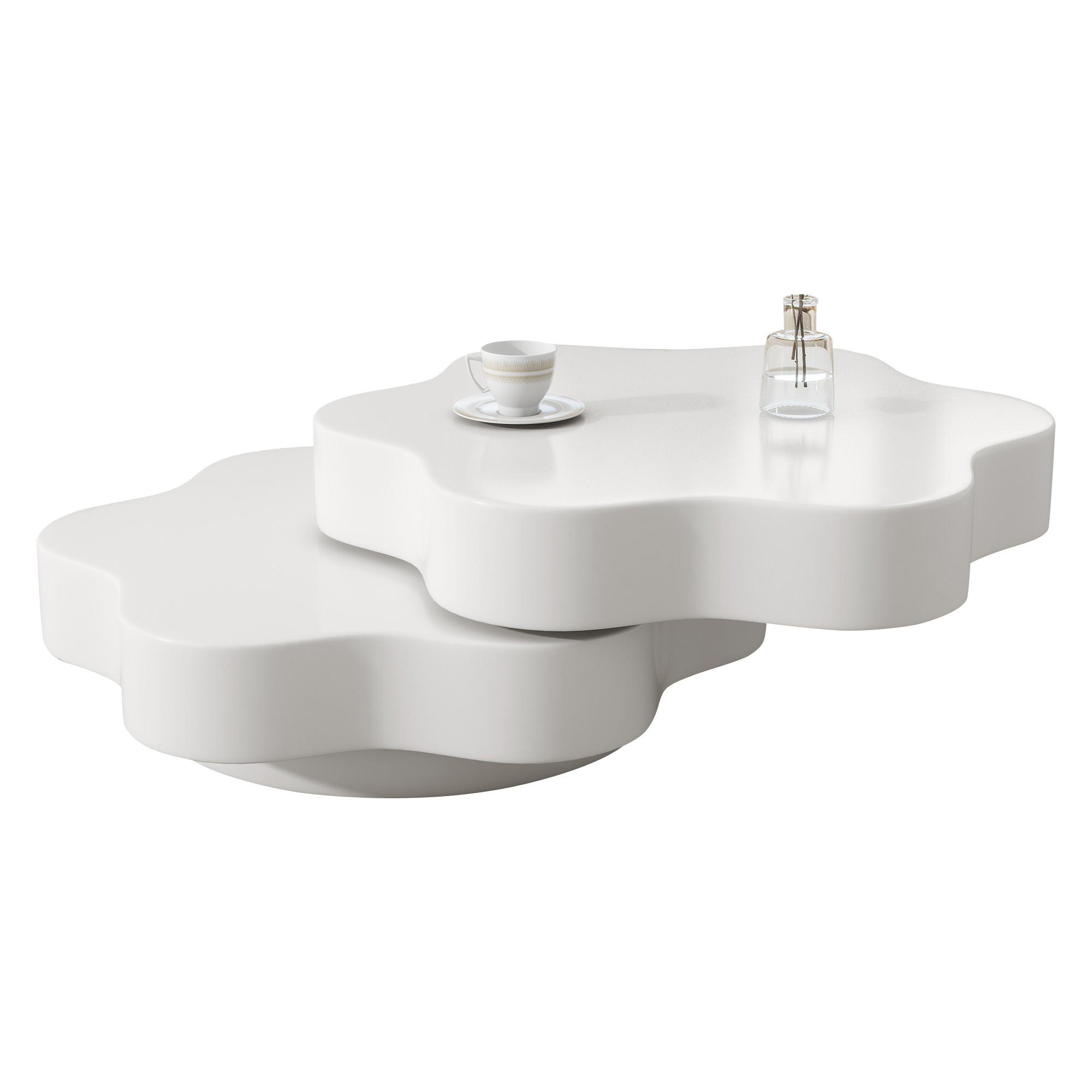 COUCHTISCH in Cremeweiß Blumenform-Wohnzimmertisch mit 360° drehbarer Tischplatte für Wohnzimmer, B74.8/T67.5/H31cm - Weiß, Holzwerkstoff (67.5/74.8/31cm) - STILVORA
