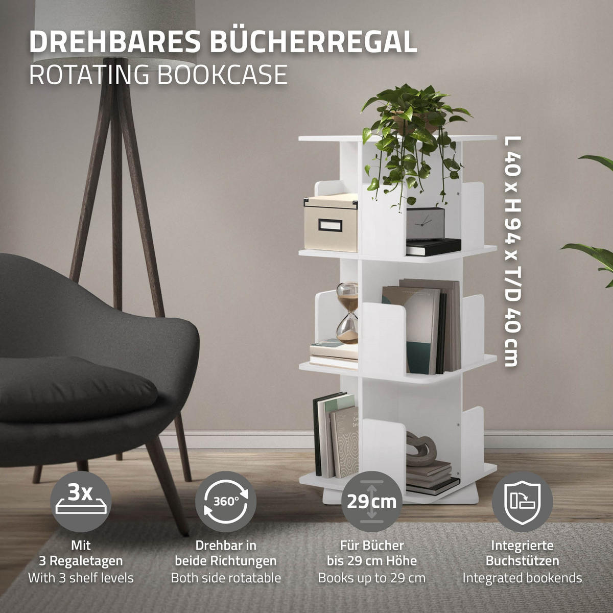 BÜCHERREGAL Kinder mit 3 Ebenen Weiß 40x94x40 cm Drehbar 360 Grad - Weiß, Holzwerkstoff (40/94/40cm) - ML-DESIGN