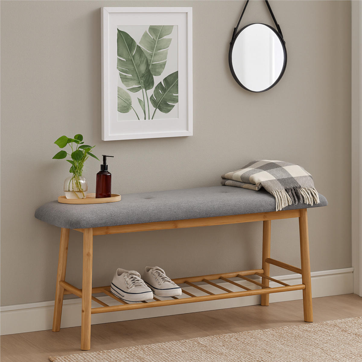 SCHUHBANK Bambus Grau Naturfarbe mit Stoffpolster & Ablage 90/30/43 cm - Grau, Holz/Textil (90/43/30cm) - Begryf