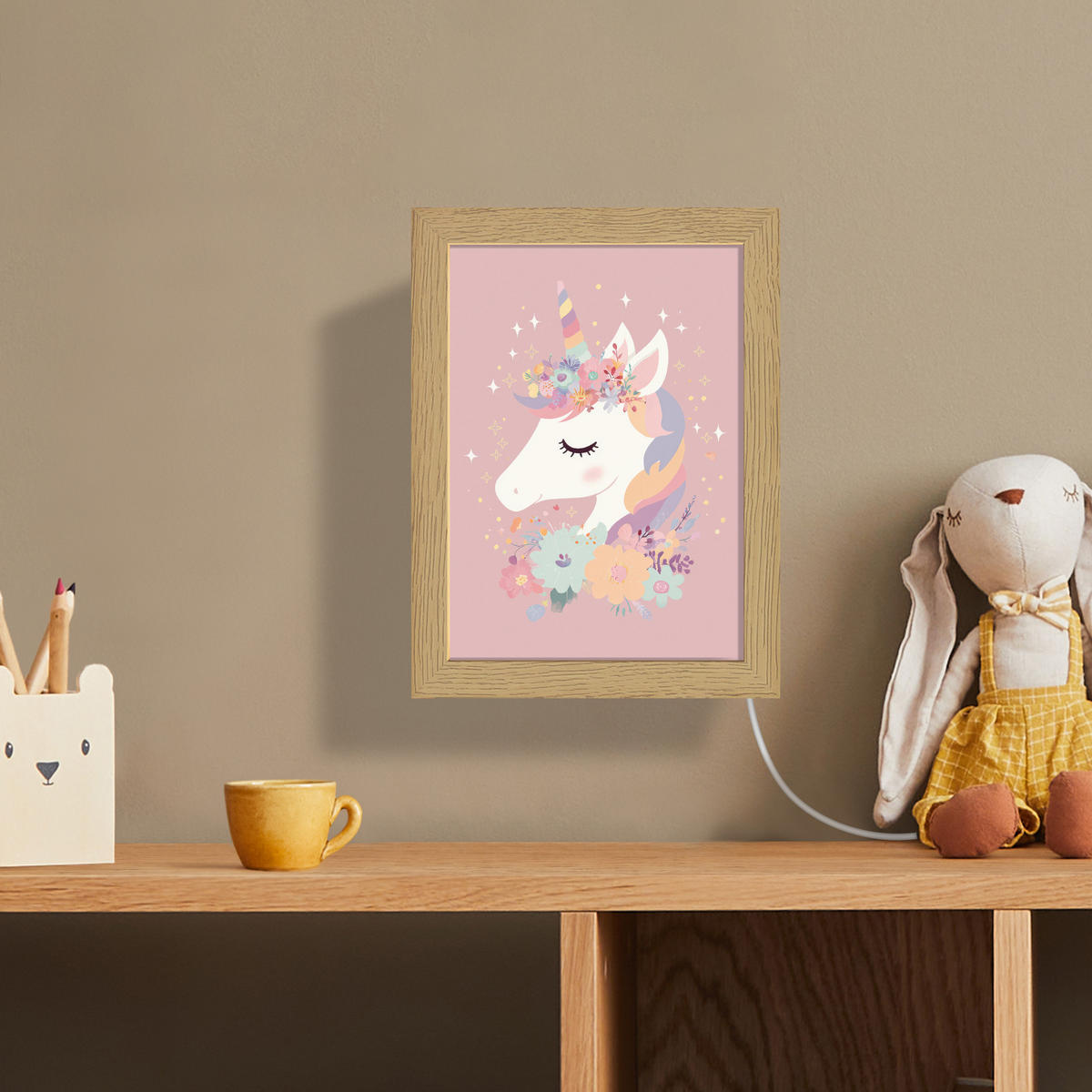 NÁSTĚNNÁ LAMPA Jednorožec - růžová - květiny 15x20 cm - růžová, kompozitní dřevo (15/20/8cm) - OnlyWow