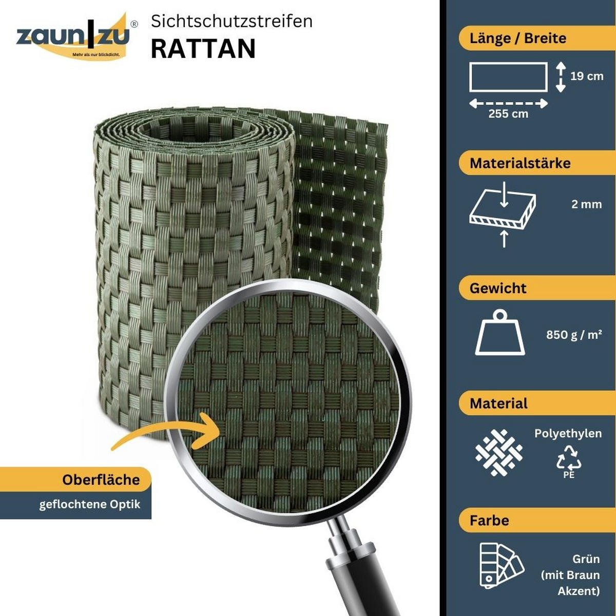 SICHTSCHUTZSTREIFEN Rattan Einzelstreifen für Doppelstabmatten Grün 2,55m - Grün, Kunststoff (255/19cm) - ZAUN|ZU